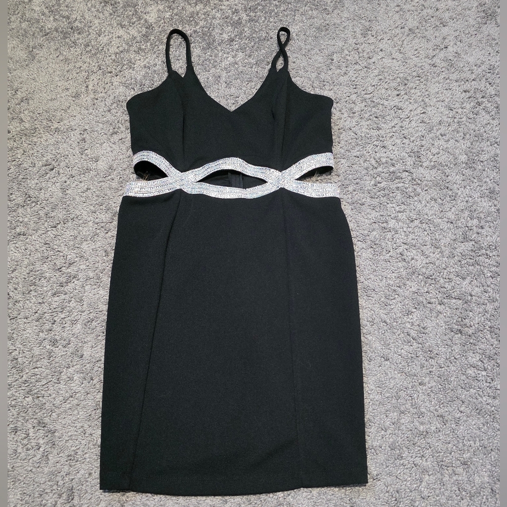 Speechless Black Cocktail Dress with Rhinestone Waist Detail